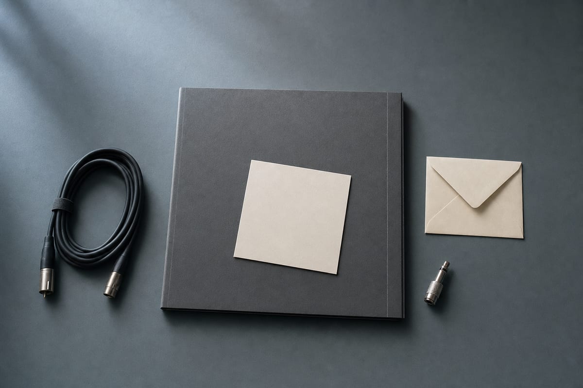 Cool blue-gray overhead desk with a closed portfolio, blank artwork card, cable, envelope, and audio connector.