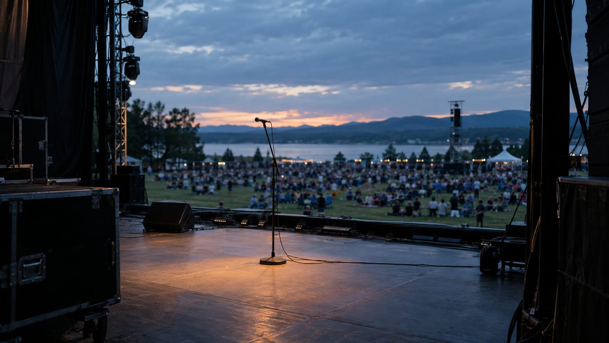 An empty outdoor festival stage faces a distant audience at blue dusk.