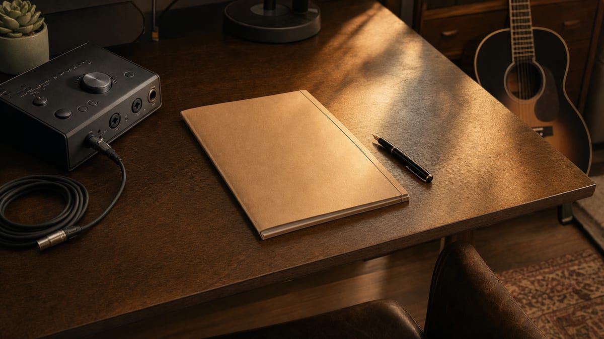 Warm amber desk with a closed folder, pen, audio interface, coiled cable, and a resting acoustic guitar.