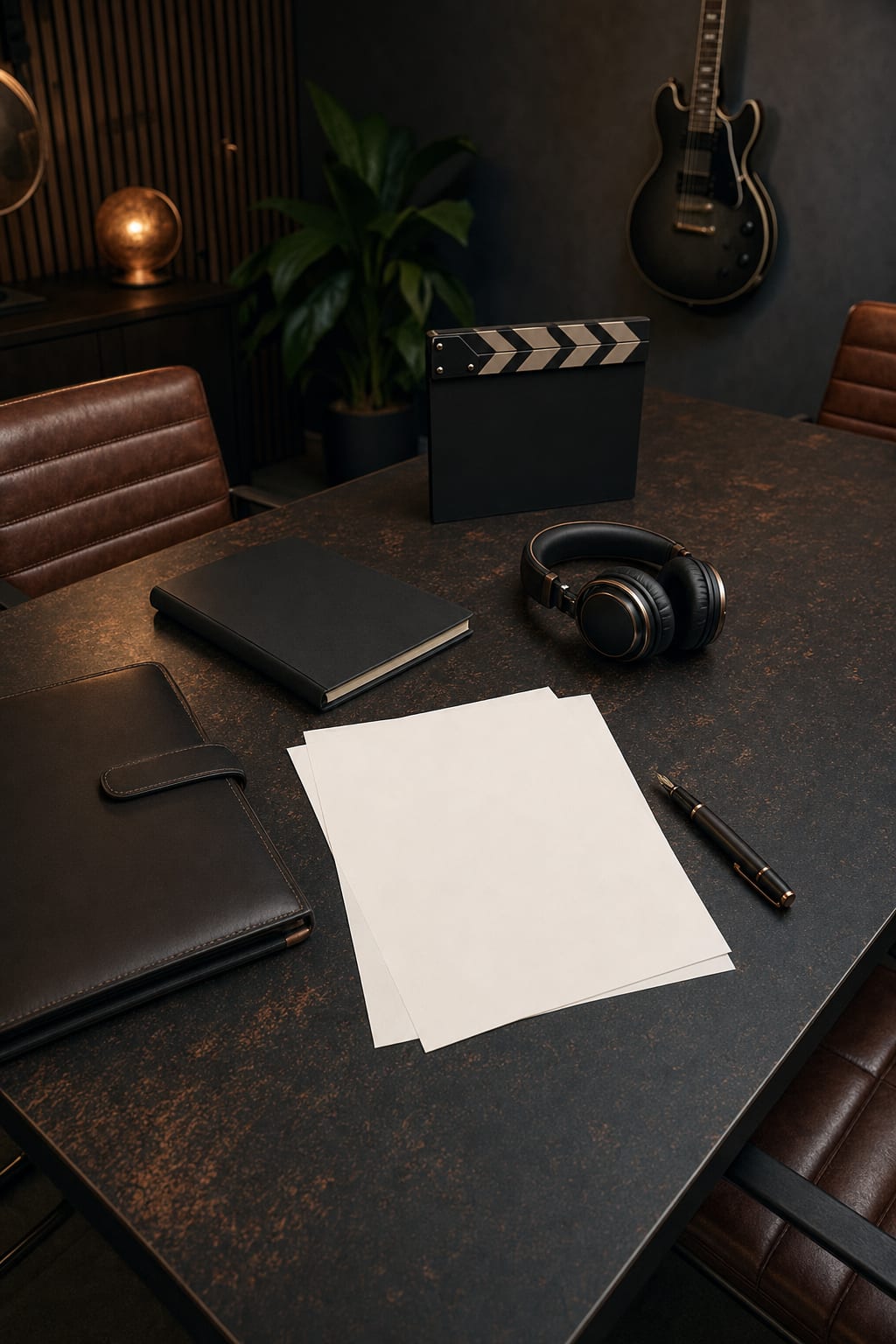 Dark copper conference table with a closed leather portfolio, blank contract pages, pen, headphones, closed notebook, and a guitar resting on a wall hanger, no readable text.