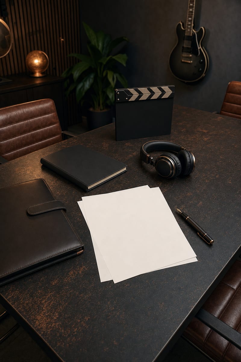 Dark copper conference table with a closed leather portfolio, blank contract pages, pen, headphones, closed notebook, and a guitar resting on a wall hanger, no readable text.