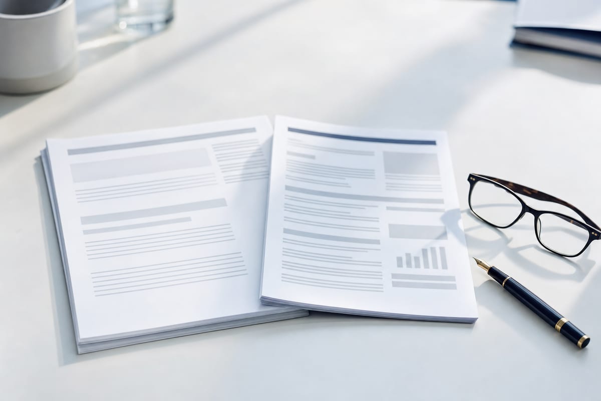 Editorial photo: a songwriter reviewing a printed contract at a desk with a laptop and a coffee cup, soft window light, no readable text visible on the page