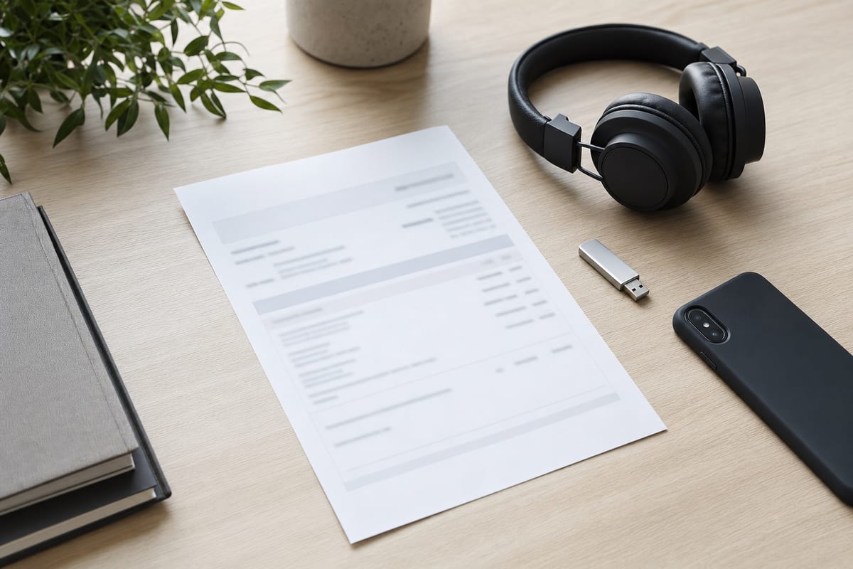 A tidy editorial flat-lay on a pale wood desk with a printed release delivery sheet, coiled headphones, a USB drive, and a face-down smartphone in cool daylight