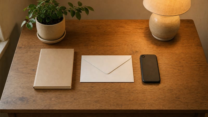A blank envelope, closed notebook and phone sit on a warm wooden desk