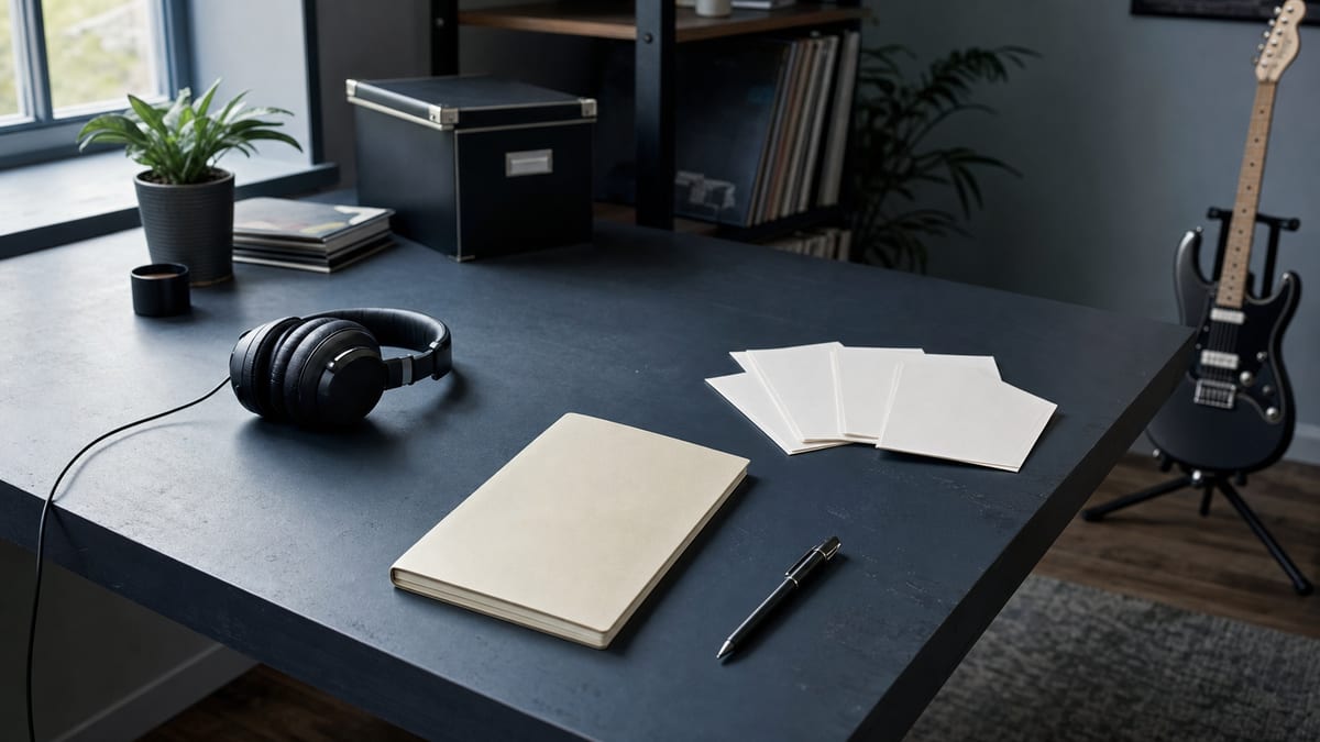 Cool blue-grey music desk with a closed cream notebook, blank photo prints, headphones, pen, and a guitar resting on a stand in the background, no readable text.