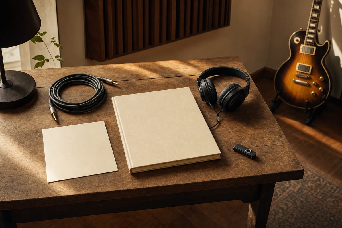 Warm studio desk with a closed cream portfolio, blank square artwork card, coiled audio cable, headphones, USB drive, and a resting guitar.