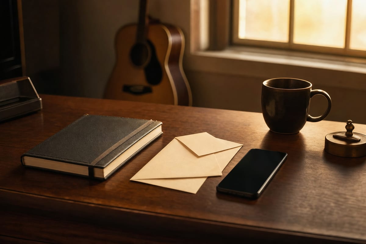 Warm editorial desk with a closed notebook, blank envelopes, phone with a blank screen, and a guitar resting in the background.
