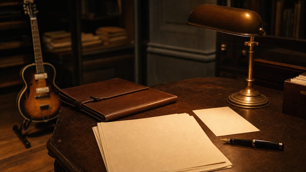 Warm amber archival workspace with blank papers, leather folder, brass lamp, and a guitar resting on a stand in the background, with no readable text or logos.