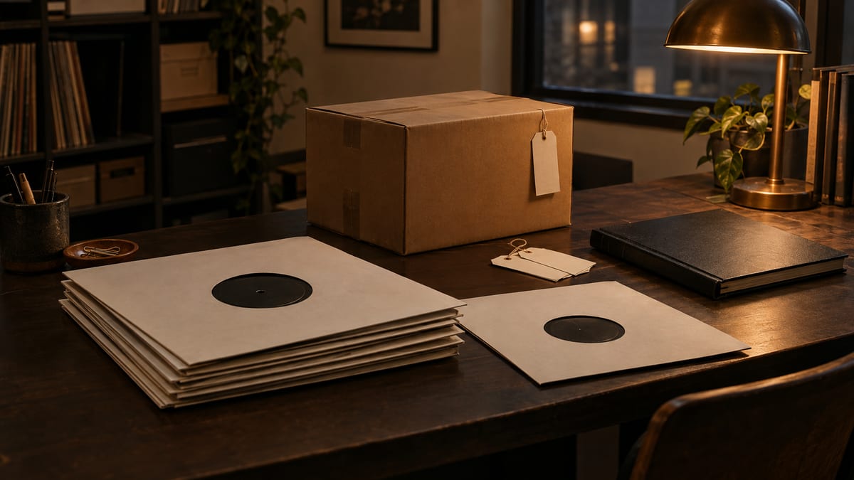 A closed carton, plain records, and a blank ledger rest under a warm desk lamp in a quiet office.