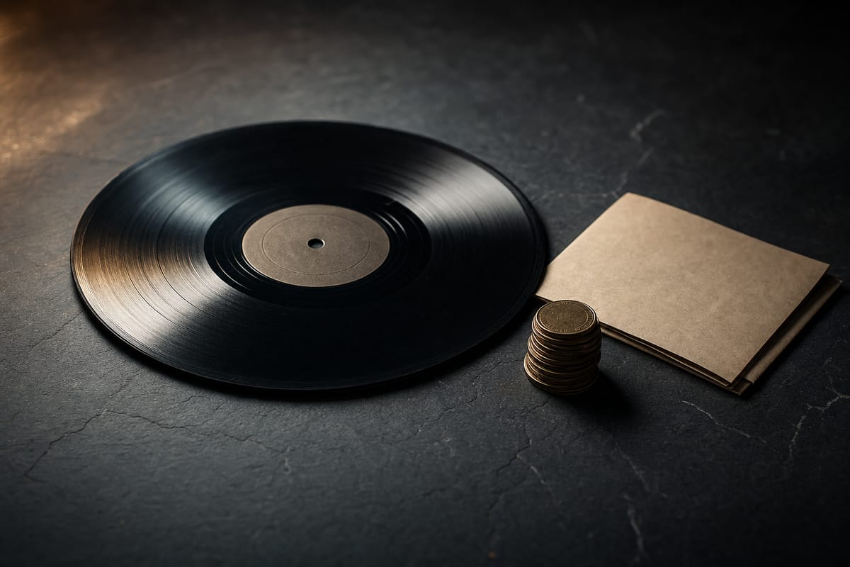 A single vinyl record beside a few stacked coins and a folded document on a dark slate surface with soft directional side-lighting