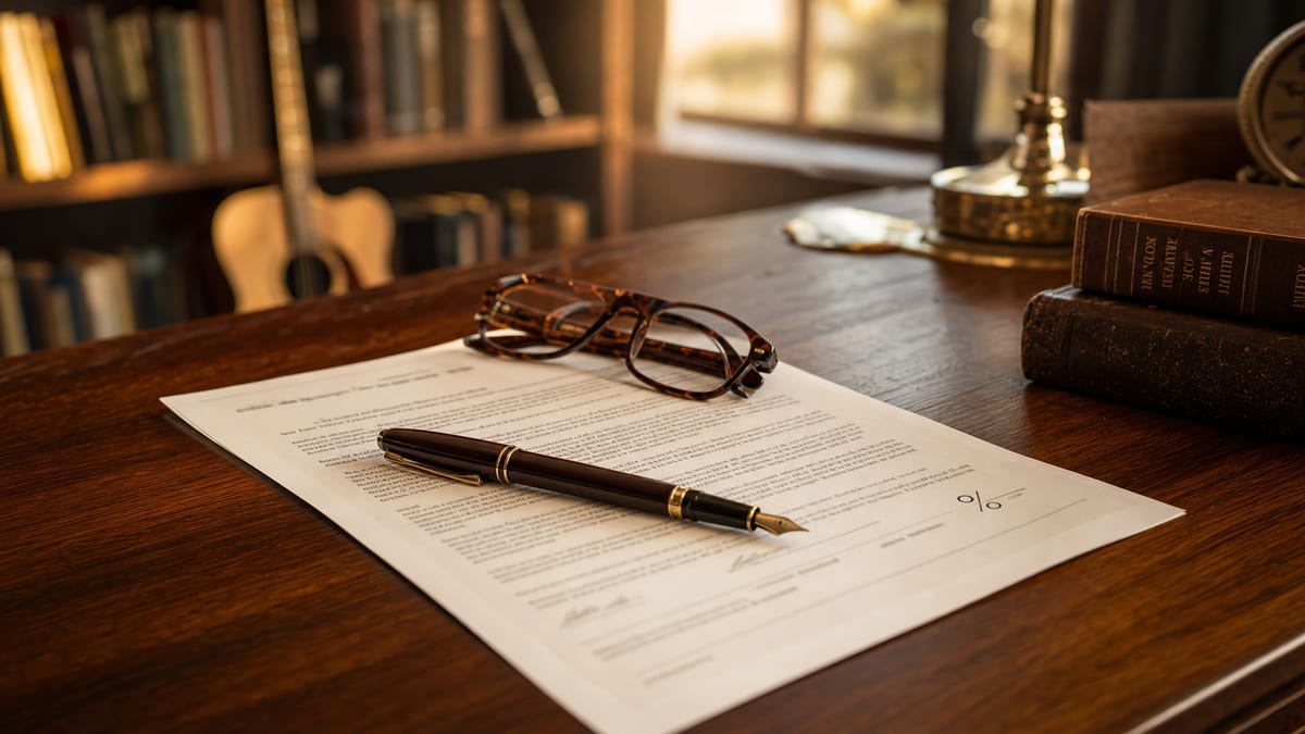 A contract page with royalty percentage terms partly visible, a pen resting on it, reading glasses, and an acoustic guitar leaning in the background on a warm wooden desk