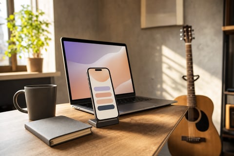A desk with a smartphone on a stand showing a music landing page beside a laptop and an acoustic guitar