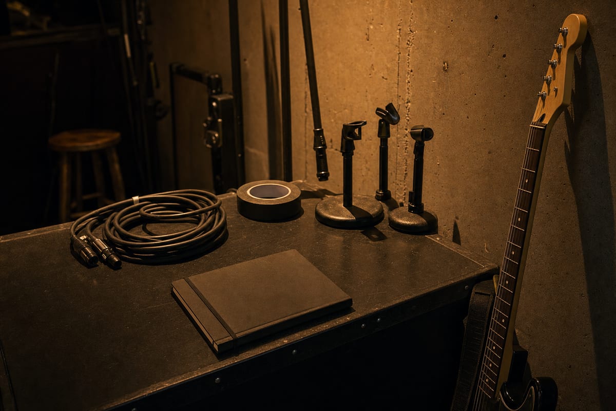 Warm amber backstage prep table with a closed notebook, stage tape, coiled cables, microphone stands, and a guitar resting against a wall.