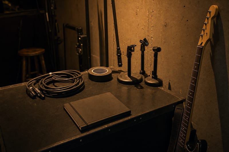 Warm amber backstage prep table with a closed notebook, stage tape, coiled cables, microphone stands, and a guitar resting against a wall.