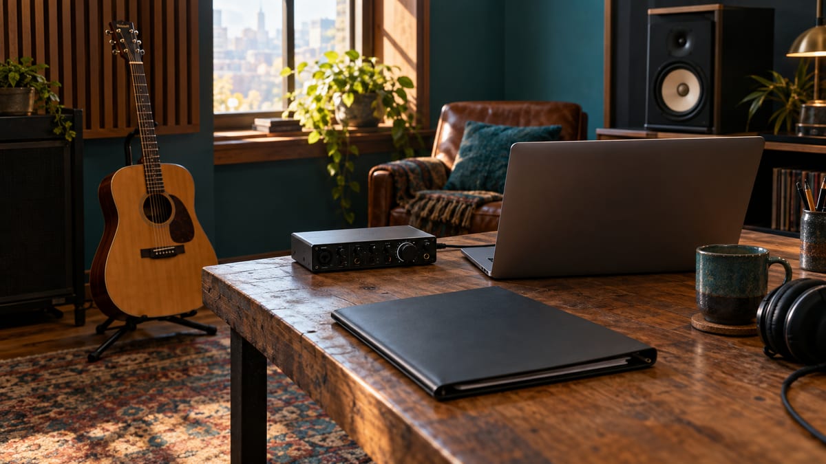 Acoustic guitar resting beside a studio interface, closed laptop, blank folder, and speaker in a warm recording room.