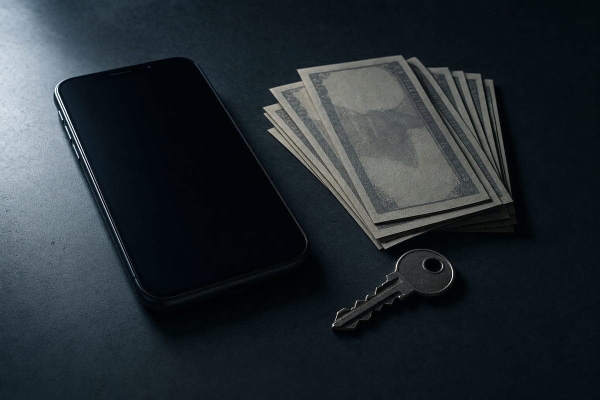 A moody editorial still life on a dark desk surface: a smartphone face-up with a dark blank screen, a small stack of unmarked cash bills, and a single house key in dramatic side lighting with deep shadows and cool tones.