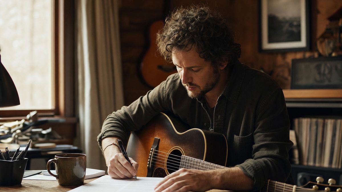 A songwriter at a desk reviewing registration paperwork for a performance rights organization next to an acoustic guitar