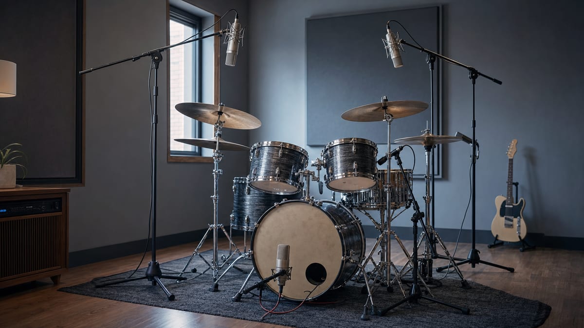Drum kit with two overhead microphones, close microphones, and a guitar resting in the background