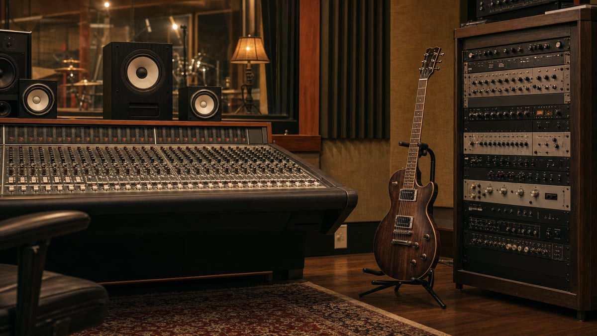 Warm amber studio control room with a guitar resting on a floor stand beside a mixing console and rack gear.