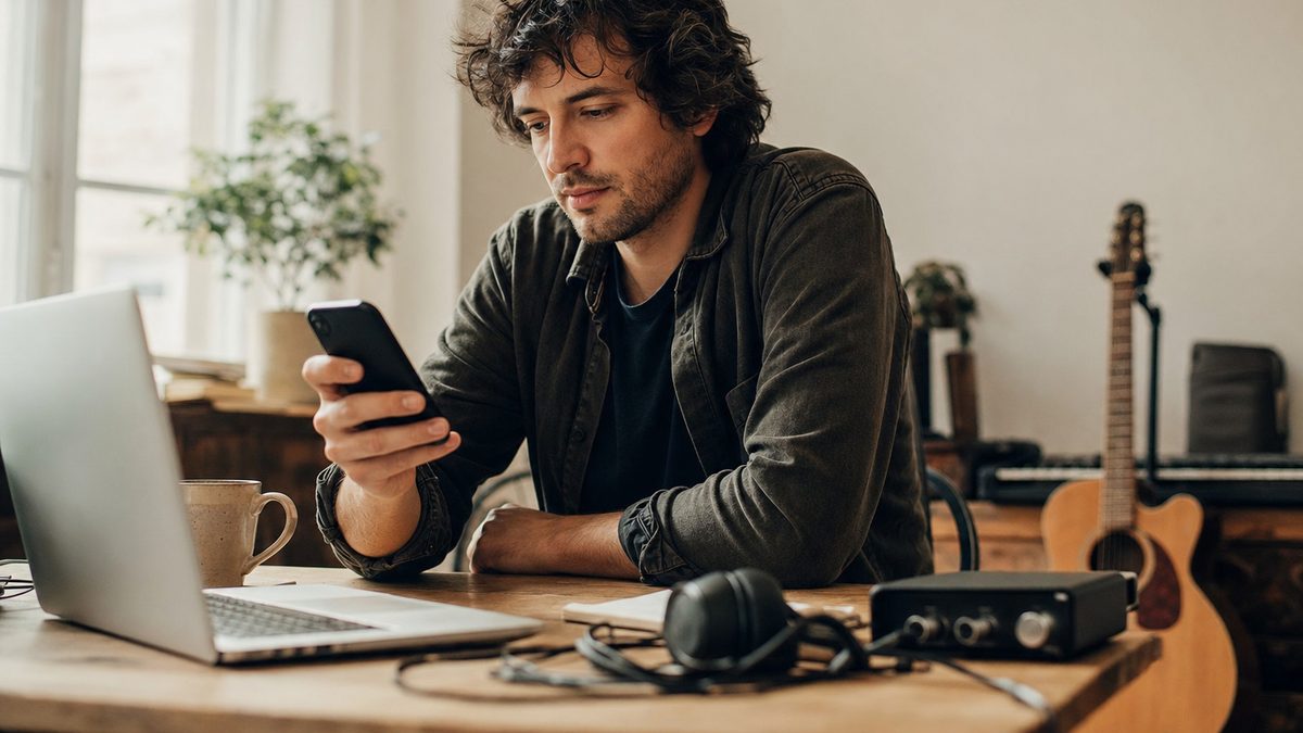 An independent musician looking at a smartphone showing a music streaming app, planning a release campaign