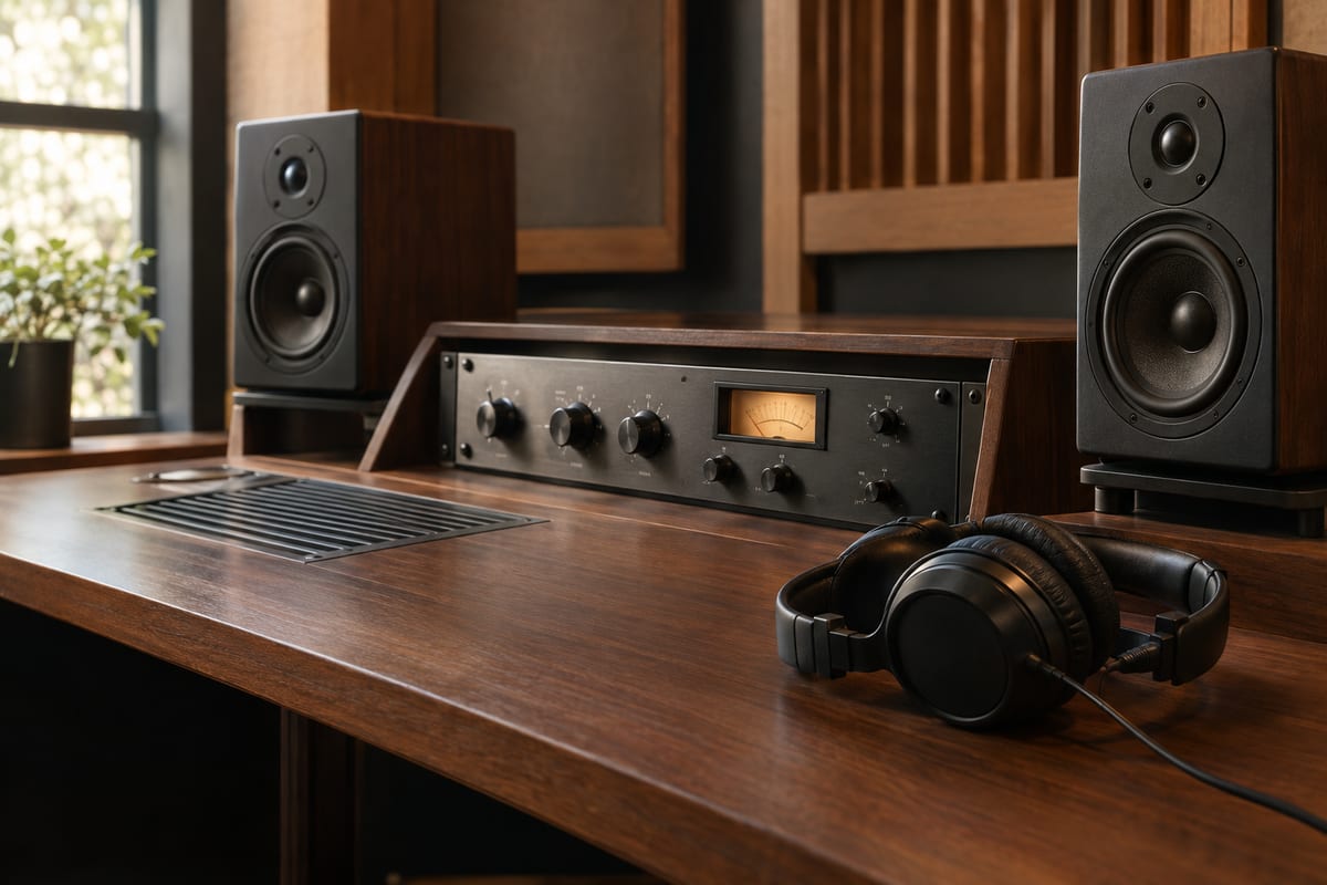 Nearfield monitors and an analog rack unit sit on a warm wood mastering console.