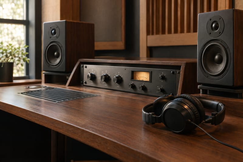 Nearfield monitors and an analog rack unit sit on a warm wood mastering console.