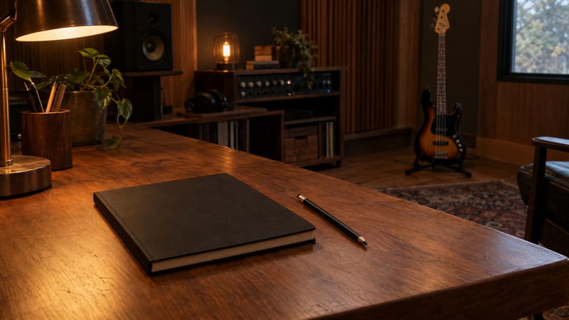 Dark amber studio desk with a closed notebook, a resting bass on a stand, and warm practical light.