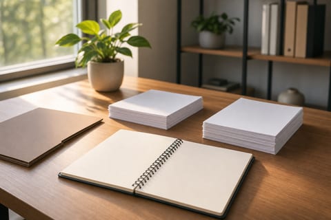 Two neat stacks of blank paper and an open blank notebook on a sunlit wooden desk beside a pen, suggesting two separate assets.
