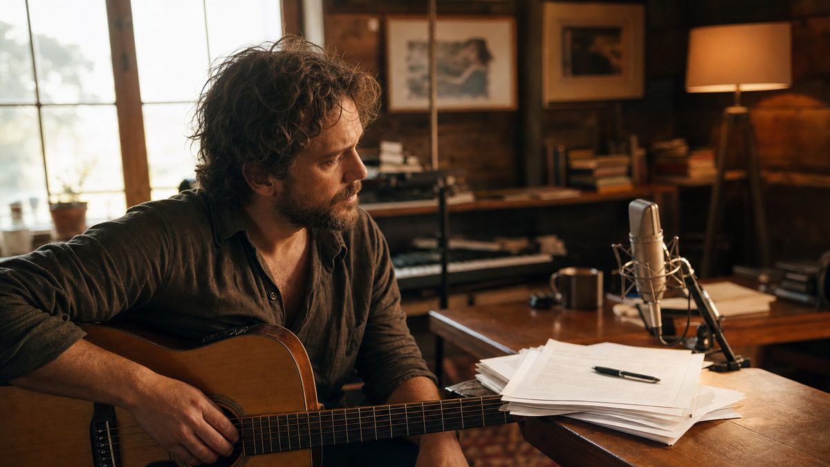 A songwriter holding a guitar beside a desk with a recording session and contract paperwork