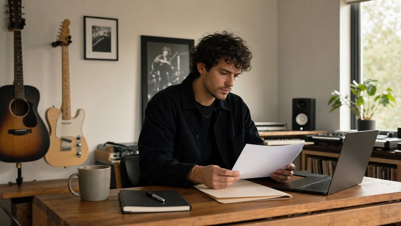 An independent artist reviewing music publishing paperwork at a home studio desk