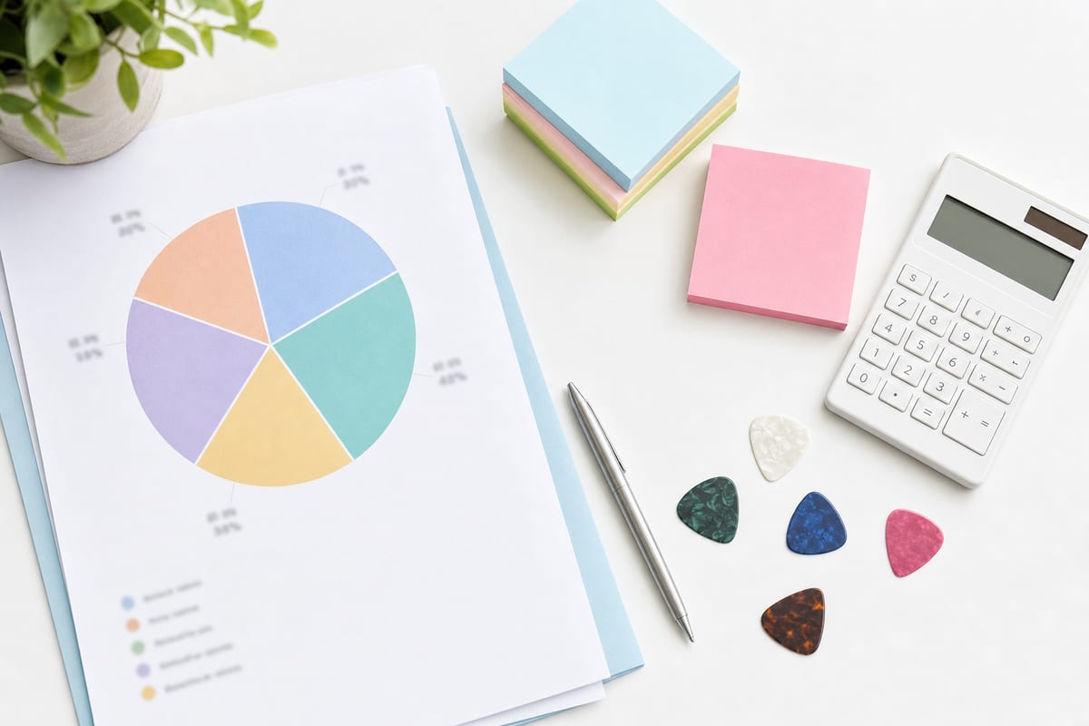 A printed split-sheet style document with percentages blurred, a calculator, colored sticky notes, a pen, and guitar picks on a pale white desk in crisp overhead daylight
