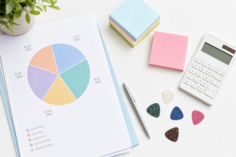 A printed split-sheet style document with percentages blurred, a calculator, colored sticky notes, a pen, and guitar picks on a pale white desk in crisp overhead daylight