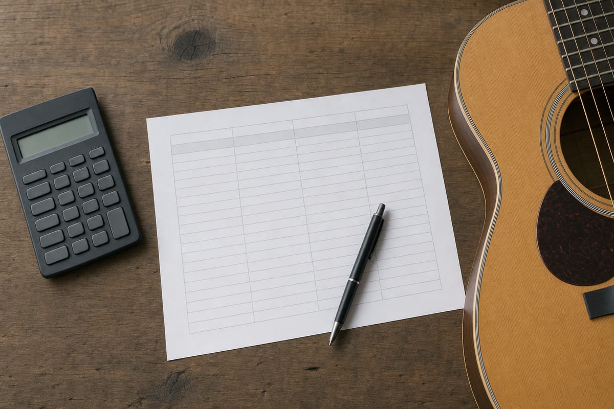 An overhead editorial photograph of a desk with a blank split-style worksheet, a pen, a calculator, and a resting acoustic guitar at the edge of frame, no readable text.