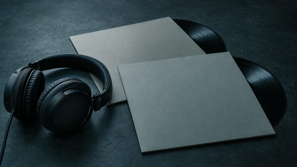 Studio headphones sit beside two blank vinyl sleeves in a cool blue-grey listening room.