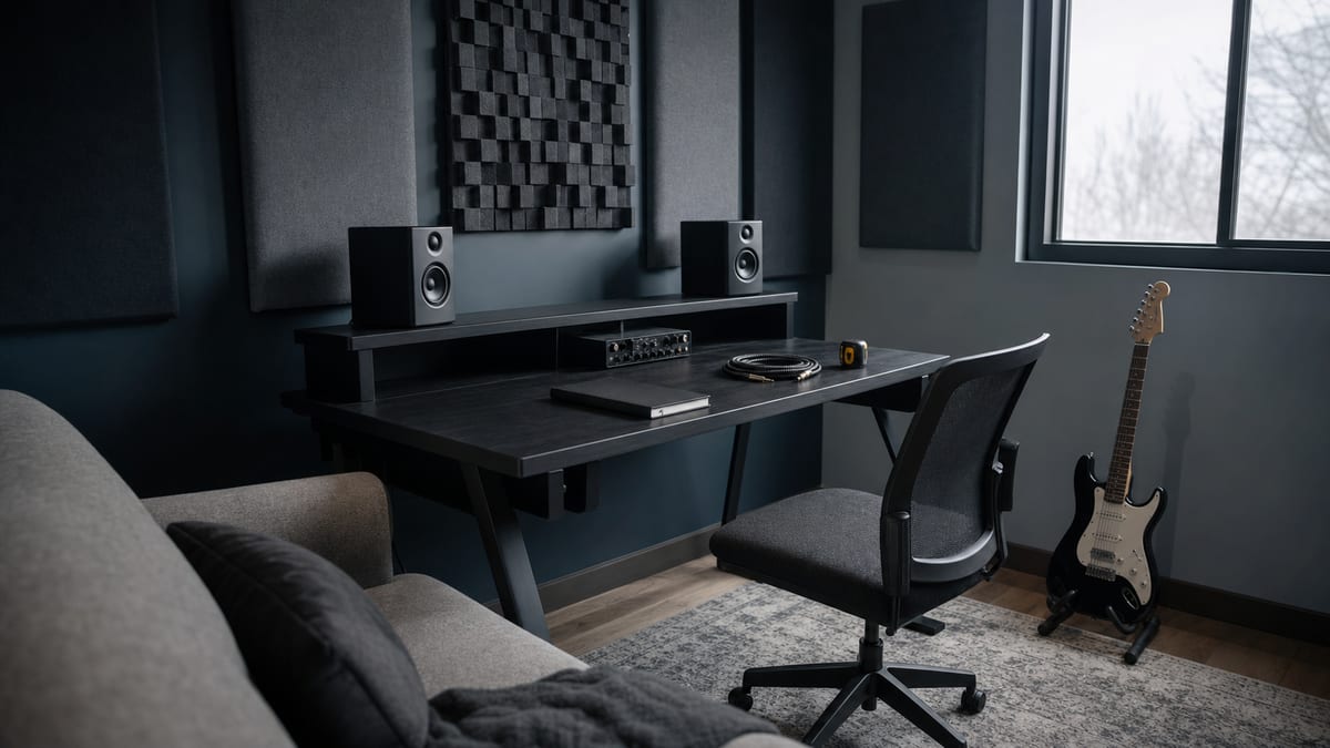 Cool blue-grey recording room with acoustic panels, compact speakers, a closed notebook, coiled cable, and a guitar resting on a stand.