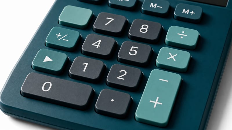 A desktop calculator beside a royalty statement, a fountain pen, and reading glasses on a light desk in soft daylight, suggesting careful financial modeling of a record deal