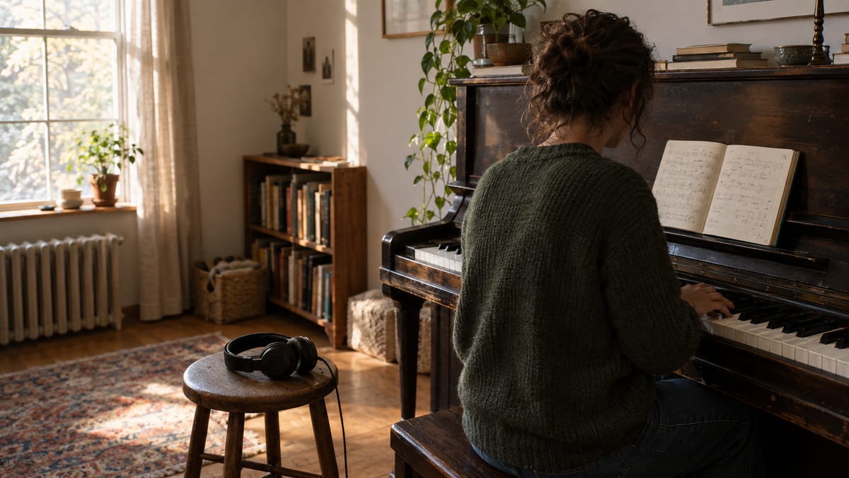 A songwriter works through a melody at an upright piano in a sunlit home music room.