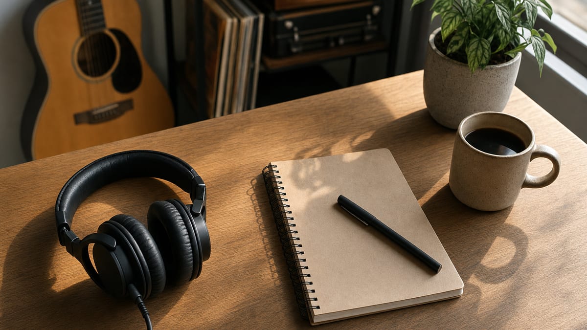 An independent artist working at a desk with a calendar and audio equipment, planning a release schedule