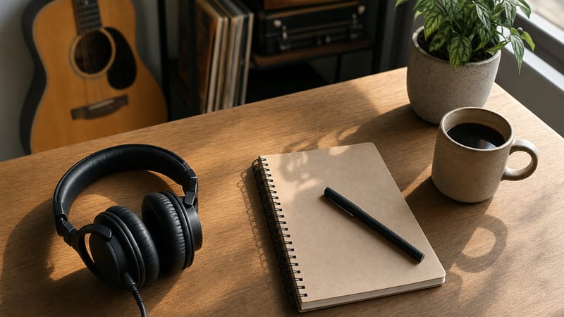 An independent artist working at a desk with a calendar and audio equipment, planning a release schedule