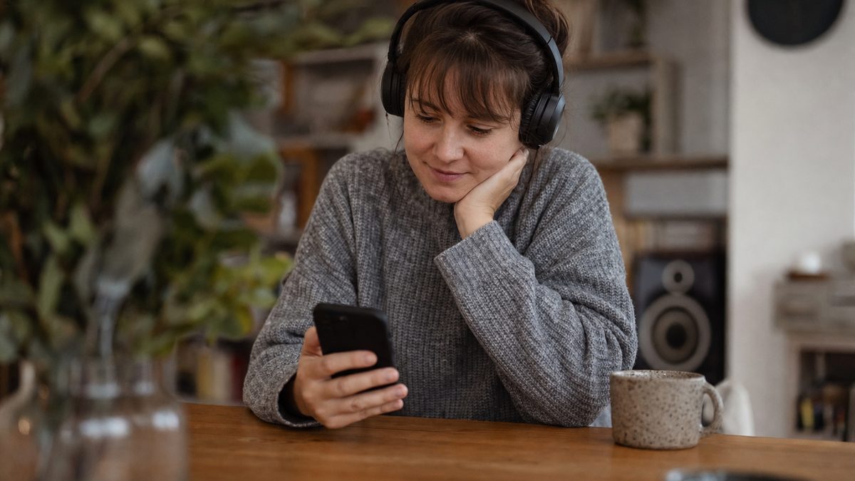 A listener viewing a personalized music playlist on a phone with headphones on a wooden table