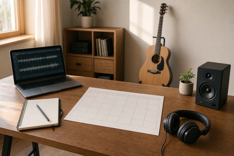 Photograph of an independent artist's planning table with a twelve-month wall calendar marked with release-window blocks, a notebook of role-allocation notes, release-art index cards, a ceramic mug, an open laptop showing a waveform, a small acoustic guitar, and a small monitor speaker.