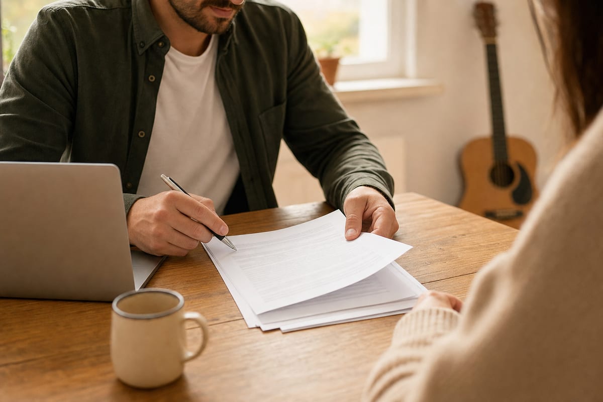 Two people reviewing a printed contract across a wooden table with a pen and a laptop, an acoustic guitar resting against the wall behind them in soft daylight