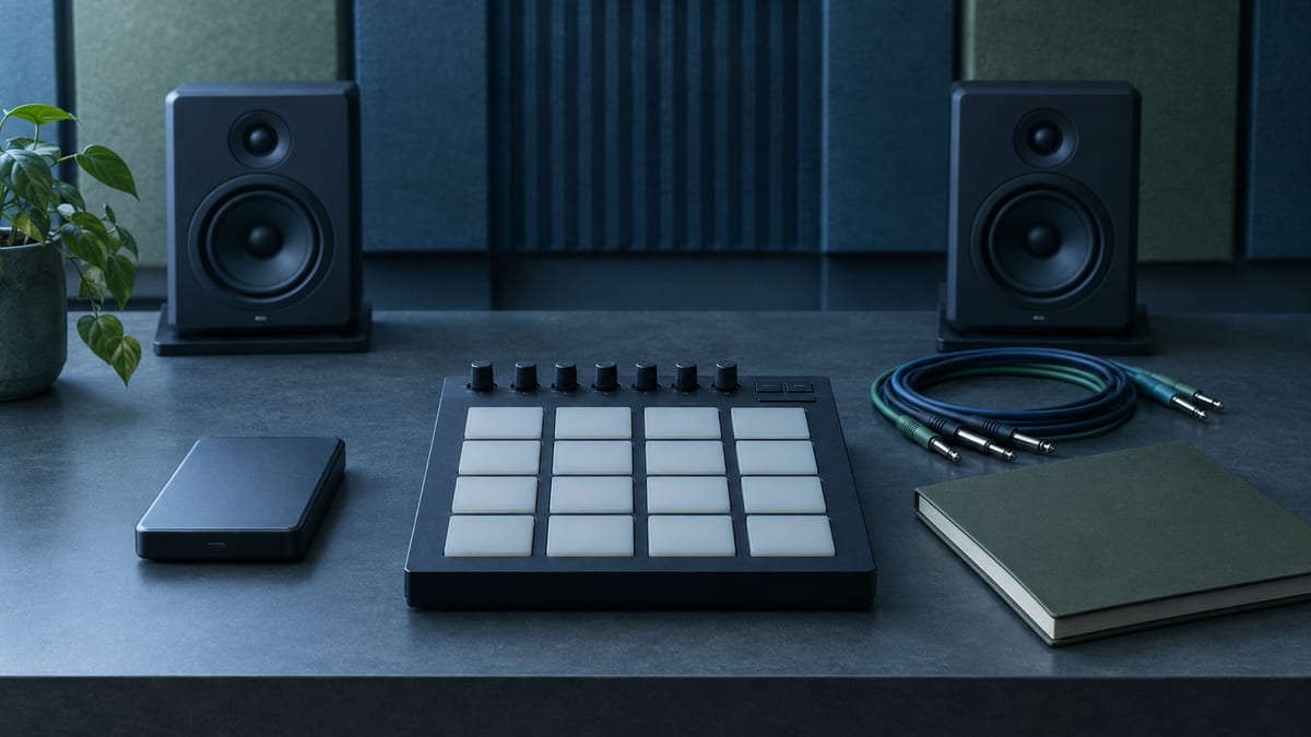 Cool blue-grey producer desk with a blank sampler controller, patch cables, a closed notebook, and studio monitors.