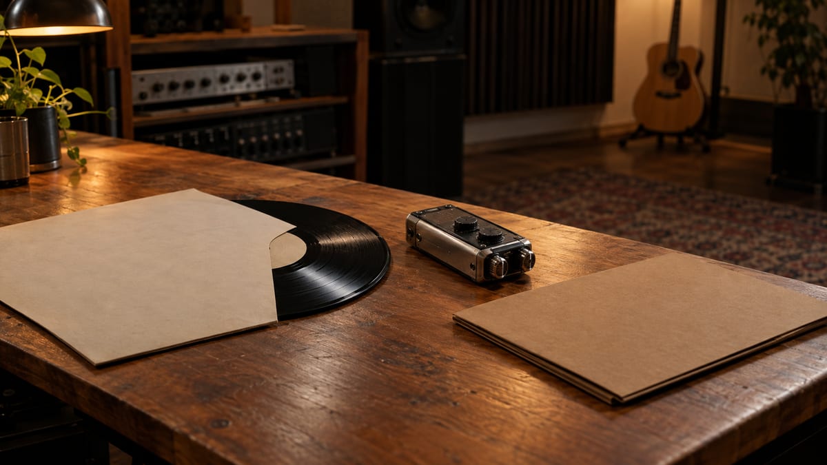 Warm studio table with an unmarked vinyl record, a small audio recorder, and a resting guitar in the background.