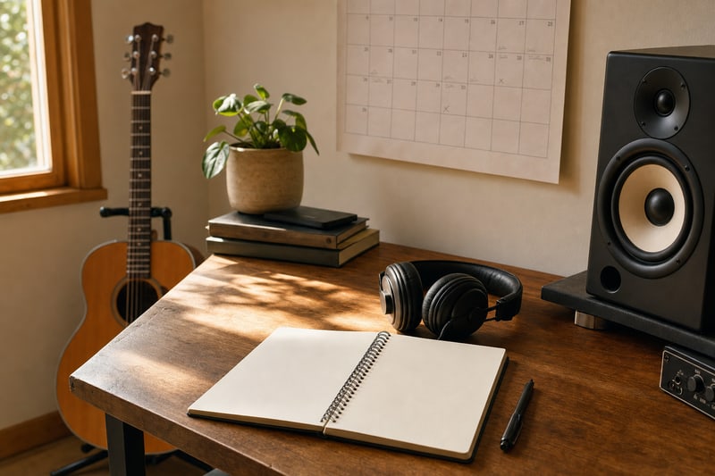Editorial photograph of a music release planning workspace in warm morning window light: open spiral notebook, closed-back studio headphones, acoustic guitar on a floor stand, studio monitor speaker, and a wall calendar with pencil marks on release dates, no readable text or platform logos.