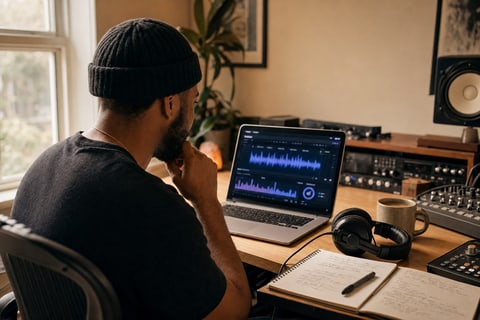 Editorial photograph of a music producer seated at a studio desk reviewing streaming analytics on a laptop in natural window light, with closed-back headphones and a notebook nearby, no platform logos or readable screen text visible.