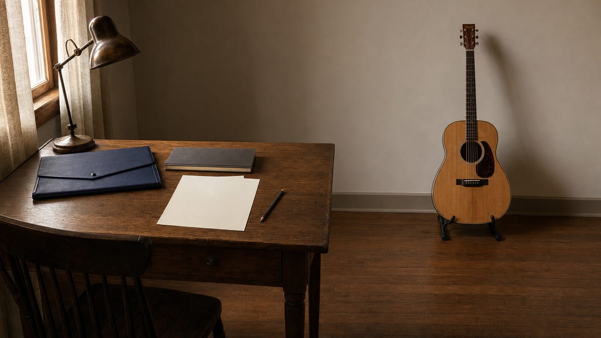 Closed songwriter folio and notebook on a desk beside a fully visible acoustic guitar on a stand