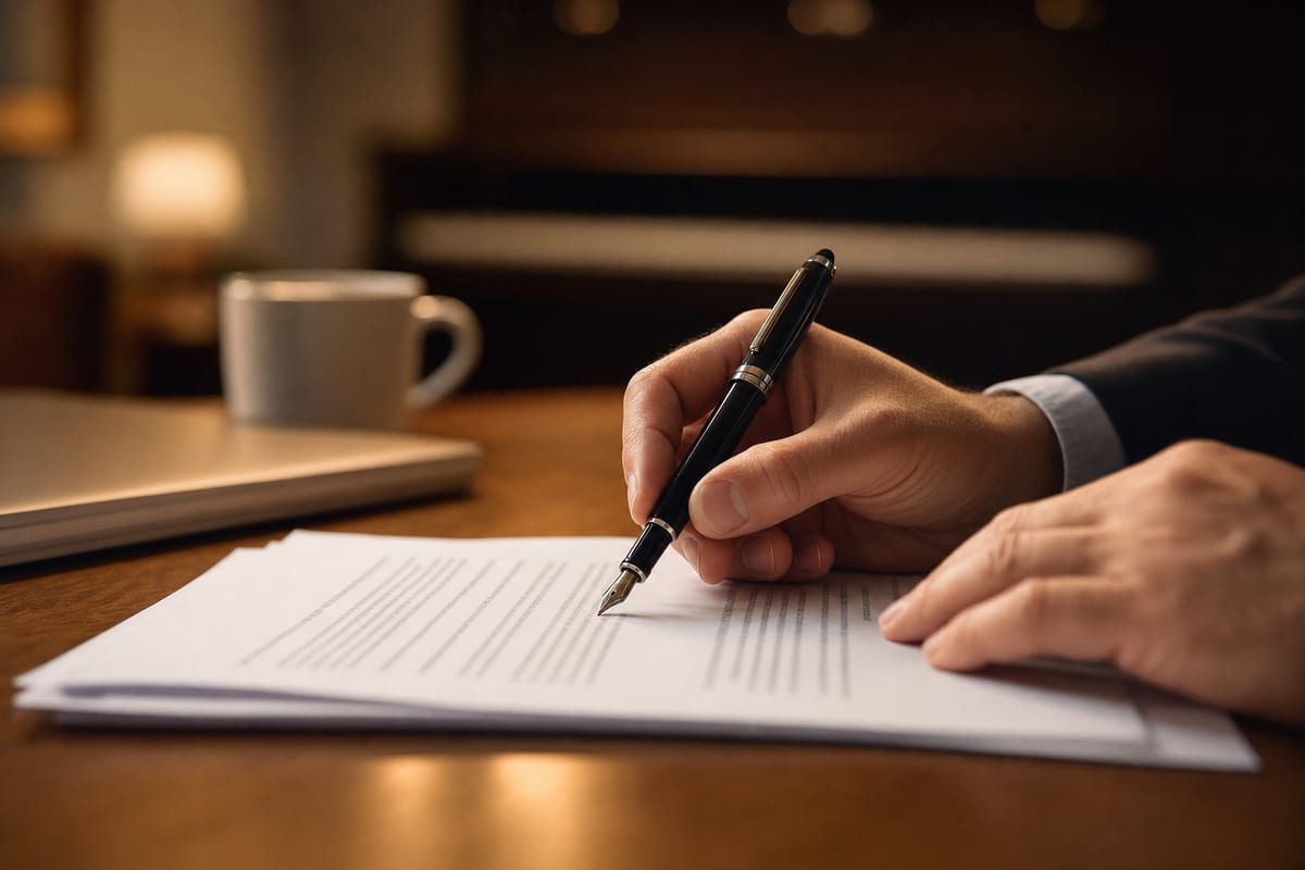 A close editorial photo of a songwriter's hands holding a fountain pen over a multi-page contract on a wooden desk with a closed laptop and cup nearby and an upright piano softly out of focus in the background