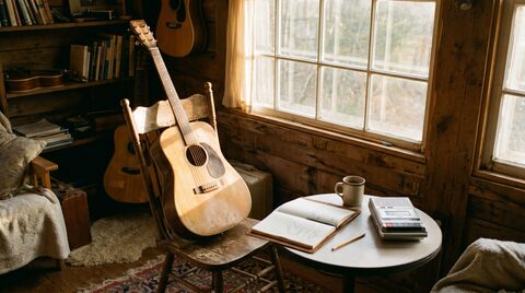 Songwriting room with acoustic guitar, notebook, pencil, coffee, and recorder.