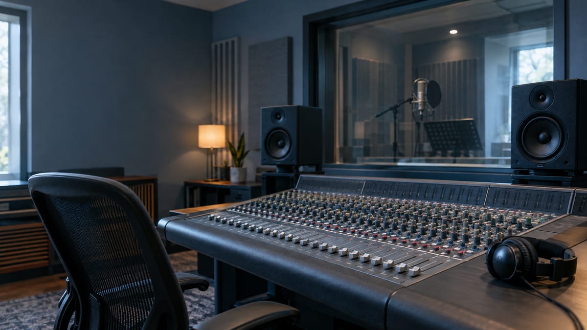 An empty recording studio control room with a mixing console in the foreground and the vocal booth beyond the glass.